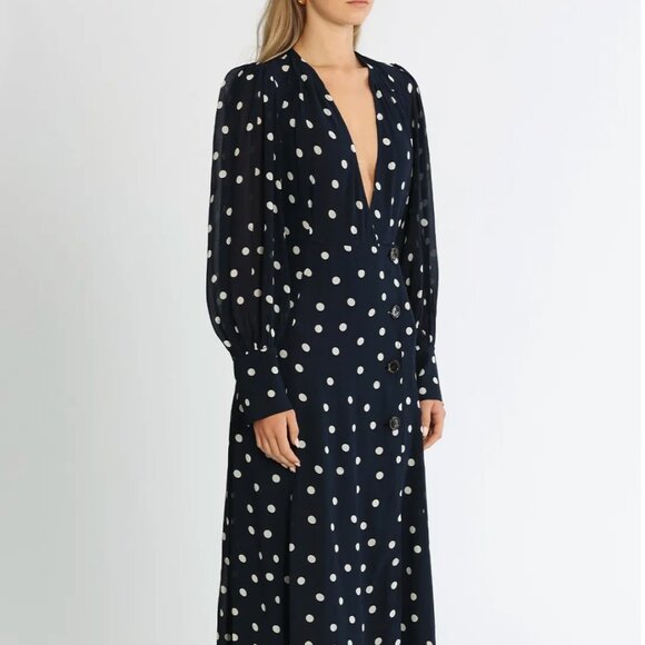 NWT GANNI Polka-Dot Georgette Wrap Midi Dress- Size 40 - Picture 2 of 7
